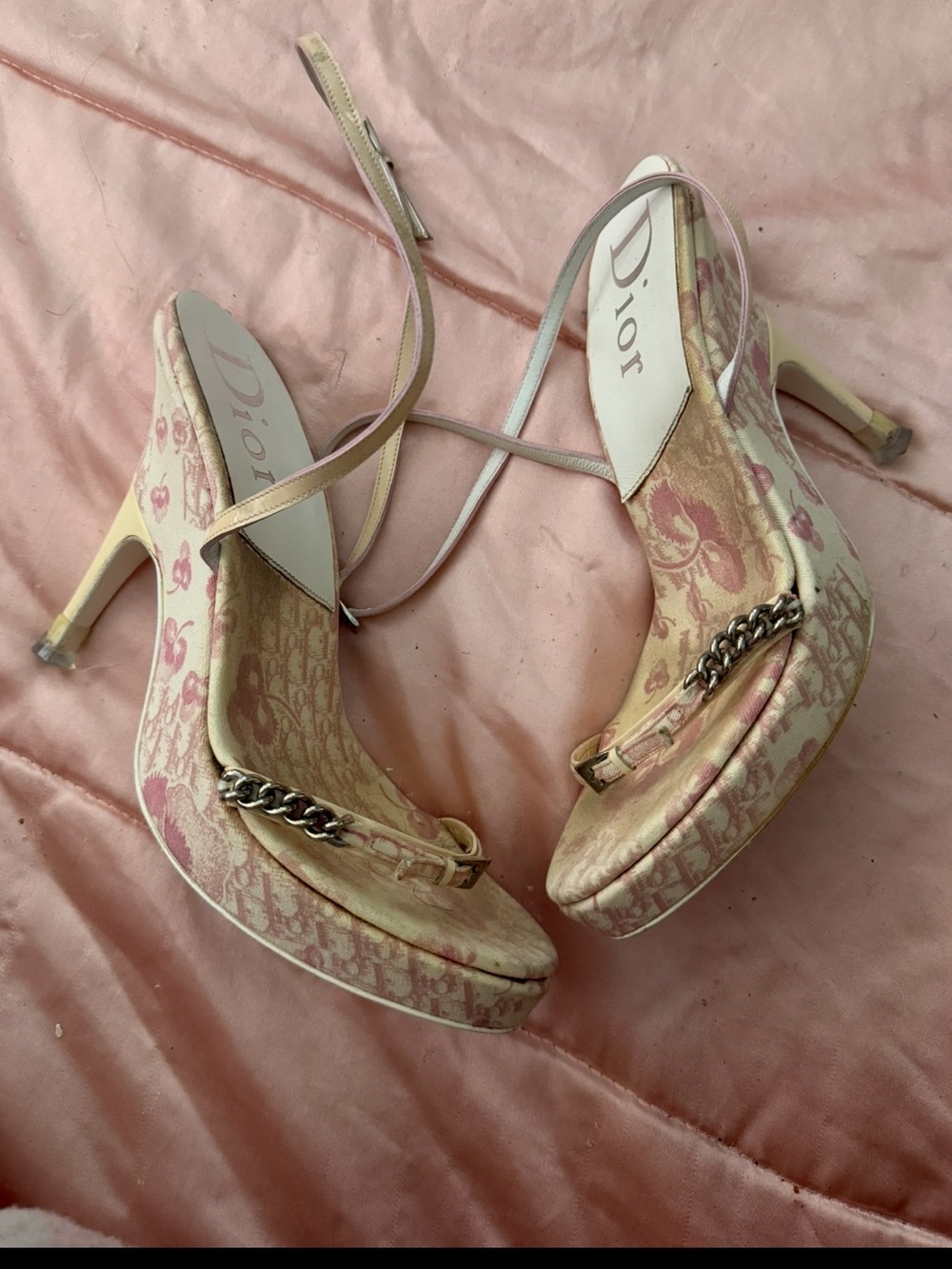 Dior Pink and Cream Monogram Chain Slingback Heels